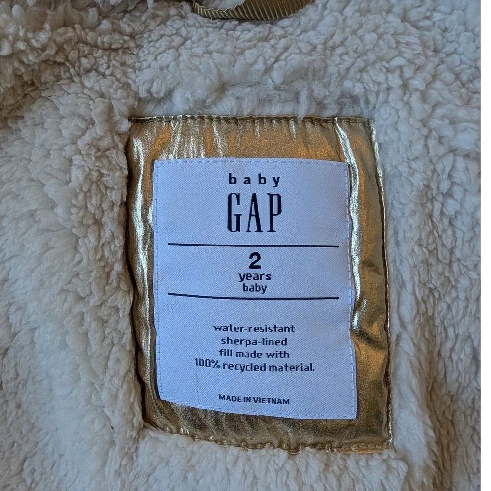 Baby Gap Gold‎ Metallic Sherpa Lined Puffer Jacket Hooded Coat 2T New Shiny Fun